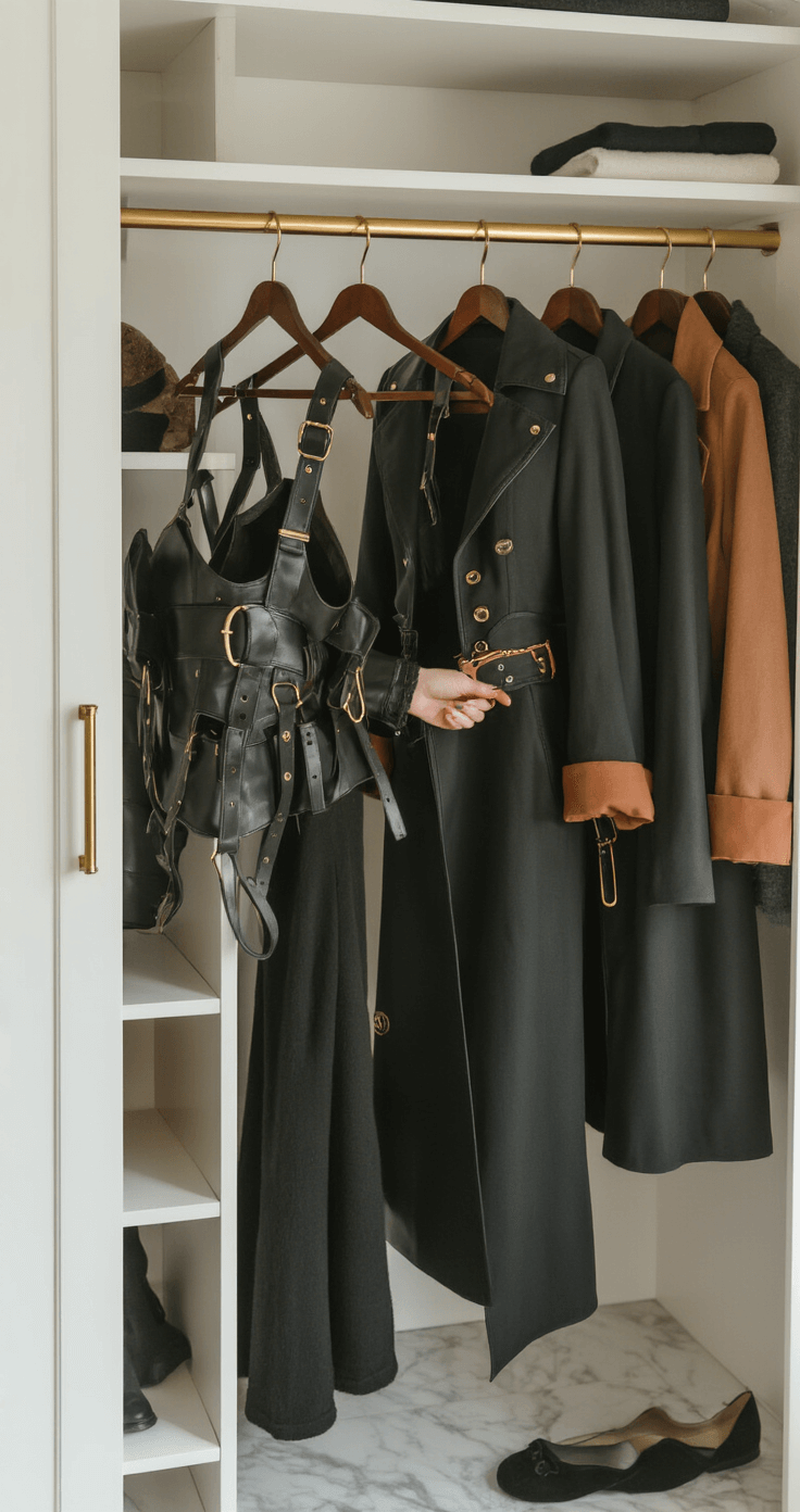 Ultimate Chuuya Nakahara Cosplay Elegant woman organizing cosplay elements in a bright walk-in closet, with natural light illuminating rich textures of fabrics and accessories on marble surfaces.