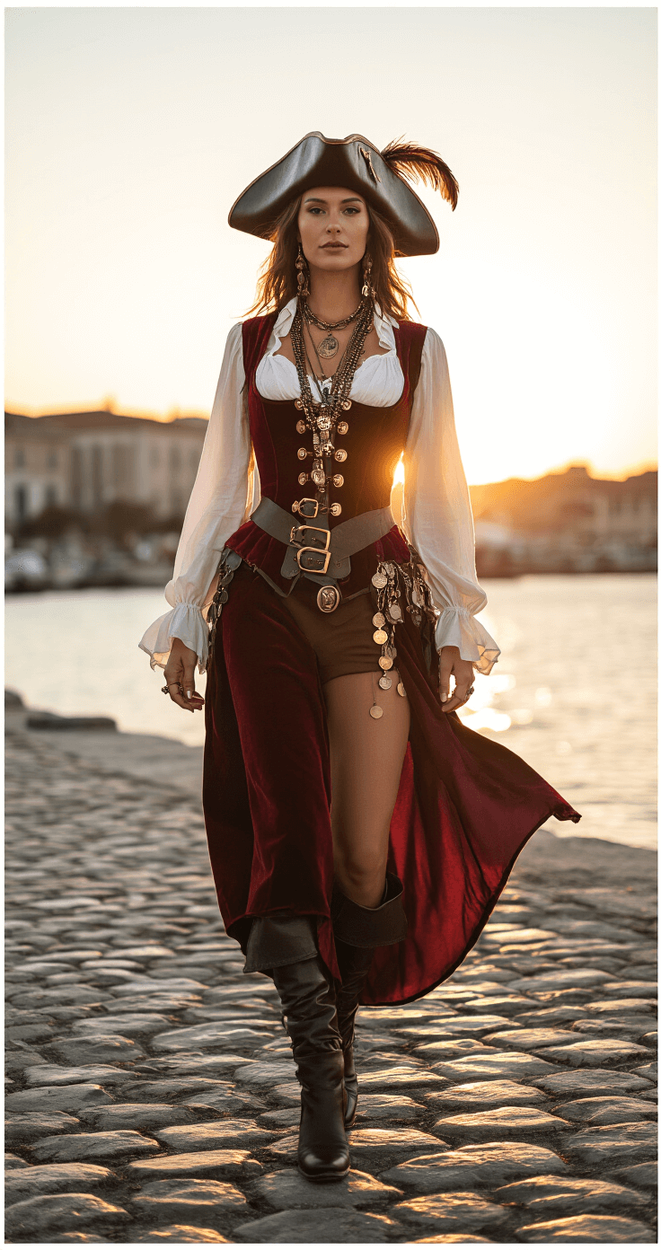 Women's Costumes: A Comprehensive Guide to Unleashing Your Inner Character An adventurous woman in a detailed pirate costume stands on a cobblestone waterfront during golden hour. She wears a burgundy velvet corset with brass buckles, a flowing white cotton shirt, and dark leather boots. Her wide-brimmed hat adorned with feathers frames her face, while layered necklaces and coin jewelry glisten in the sunset light, all set against rich jewel tones of deep red and antique brass.