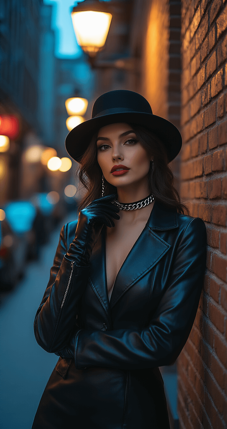 Ultimate Chuuya Nakahara Cosplay A fashionable woman adjusts her black choker necklace while trying on black accessories like a bowler hat and leather gloves, posed confidently against brick walls in a chic urban corner, illuminated by dramatic evening lighting and warm cafe accents.