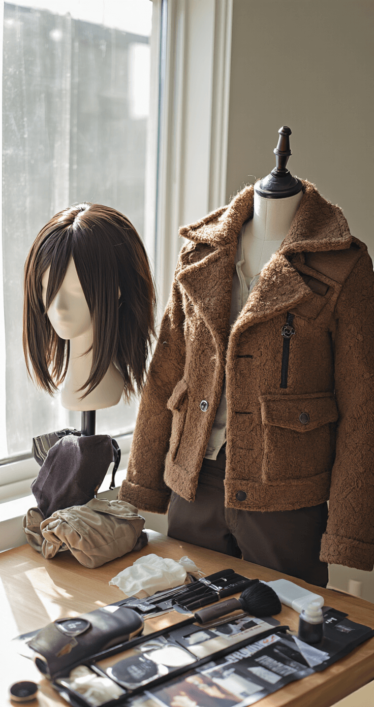 How to Style Eren Cosplay Long Hair Like a Pro A well-organized cosplay wardrobe setup featuring Eren-inspired clothing, including a brown textured jacket and dark pants, along with neatly arranged hair styling products, a wig on a mannequin head, and natural daylight illuminating the scene, with professional styling tools and reference images visible in the background.