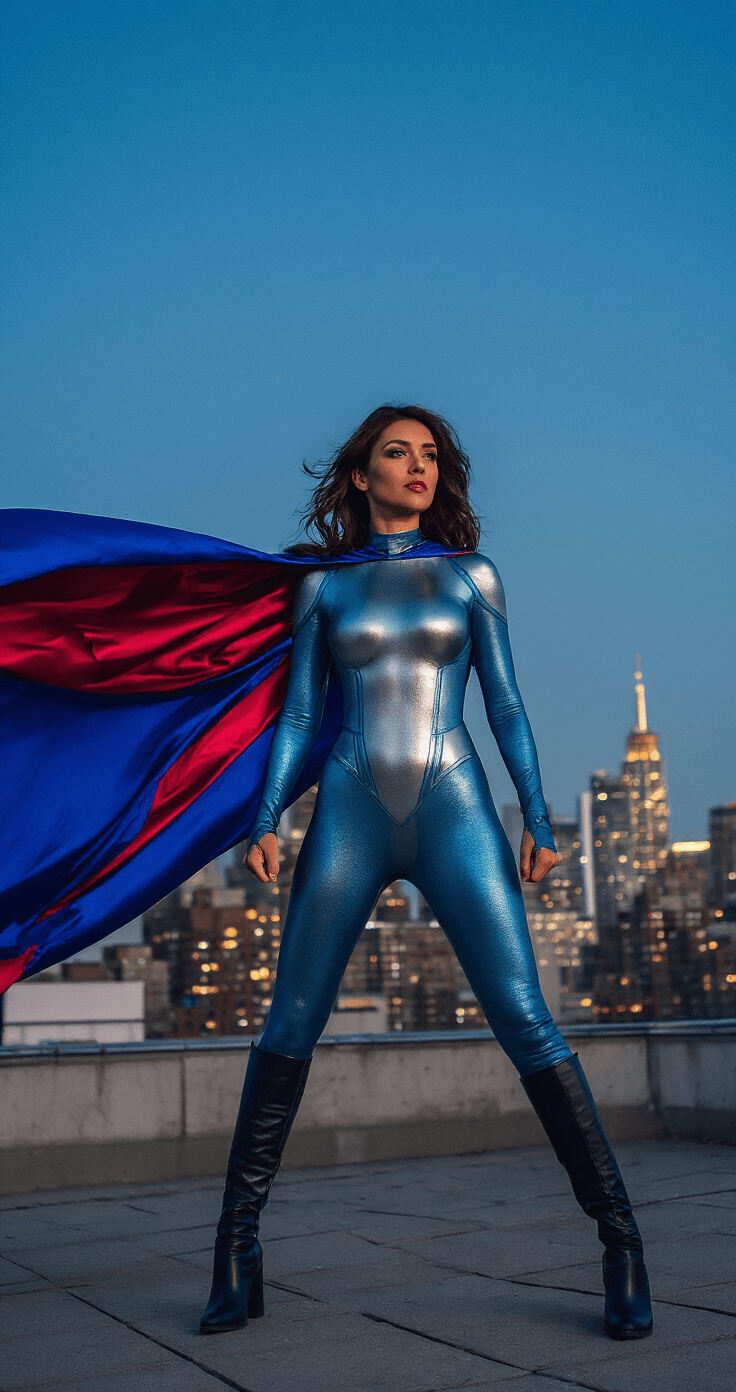 Women's Costumes: A Comprehensive Guide to Unleashing Your Inner Character Dynamic action shot of an empowered woman in a sleek superhero costume, featuring a metallic bodysuit in electric blue, silver, and deep crimson, with knee-high boots and a flowing cape, posed heroically on an urban rooftop during blue hour twilight, against a vibrant metropolitan skyline.