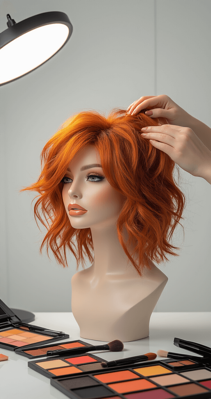 Ultimate Chuuya Nakahara Cosplay A modern styling studio features a beauty shot of a vibrant orange-red synthetic wig with tousled layers, illuminated by soft ring lighting. A woman's hands style the choppy strands against a clean white backdrop, surrounded by professional makeup brushes and warm-toned color palettes on glossy surfaces. The wig's fibers showcase rich color depth from amber to copper, captured in macro detail within a clean, minimalist setup.