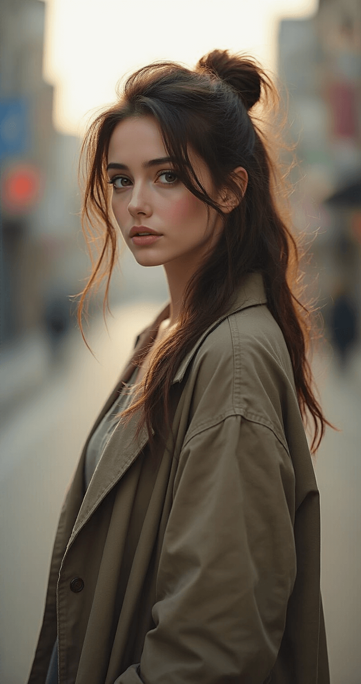 How to Style Eren Cosplay Long Hair Like a Pro A woman with long brown hair in a loose messy bun stands at an urban street corner, wearing layered muted earth-toned clothing. Soft shadows create texture in the late afternoon light, and her hair is slightly windblown, embodying a raw and unpolished aesthetic.