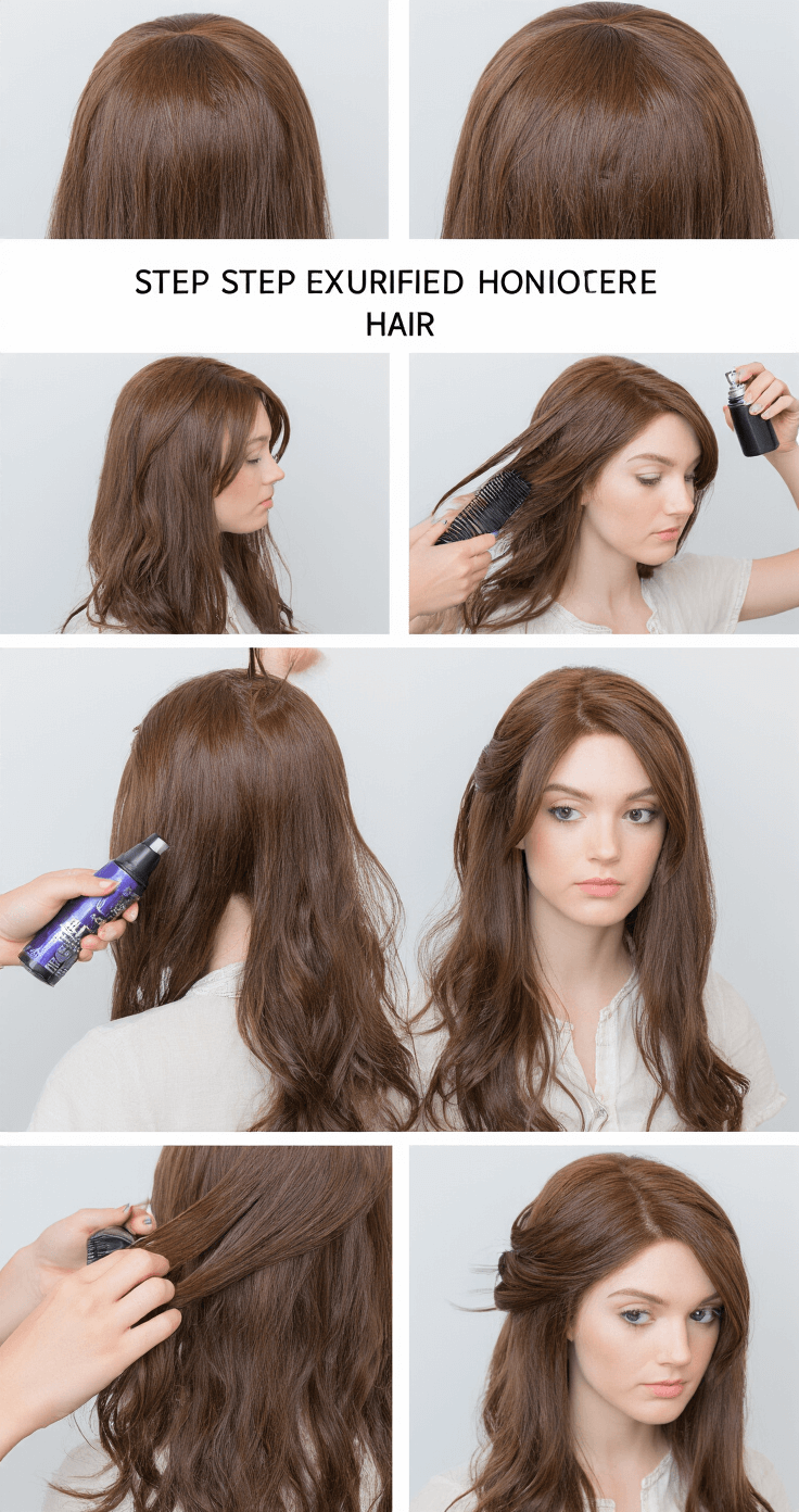 How to Style Eren Cosplay Long Hair Like a Pro Close-up beauty shot of a model with medium-brown long hair demonstrating Eren cosplay hair styling techniques, featuring texturizing spray and hair serum, with soft diffused lighting enhancing hair movement and shine, and professional styling tools in the background.