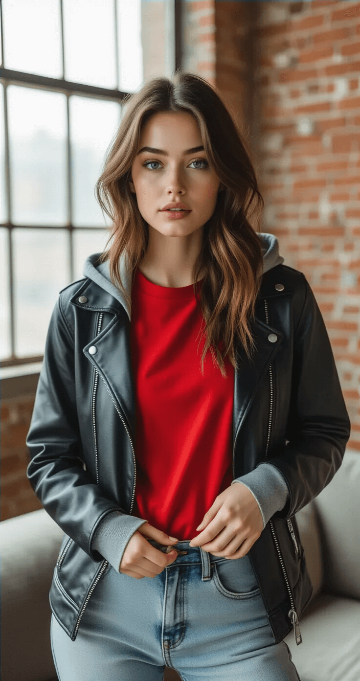 Ultimate Chuuya Nakahara Cosplay A young woman adjusting her casual alternative style, featuring a red t-shirt, grey hoodie, and black leather jacket, in a trendy loft apartment with exposed brick walls and concrete floors illuminated by natural afternoon light.
