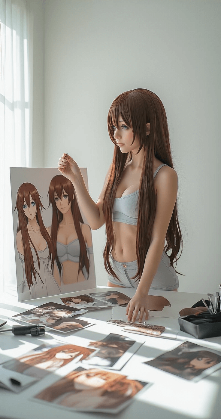 How to Style Eren Cosplay Long Hair Like a Pro A cosplayer in a minimalist studio adjusts her long brown wig, dressed in casual base layer clothing, surrounded by reference images and styling tools, with natural window light casting soft shadows, showcasing the detailed preparation for her character transformation.