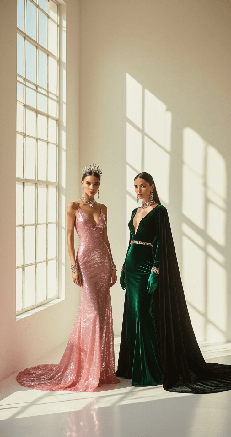 Halloween Costumes with Aesthetic Appeal for 2025 A professional fashion photoshoot featuring two elegantly posed models: one in a shimmering pink sequined gown with a crystal tiara and the other in an emerald velvet dress with a dramatic black cape. The scene is illuminated by golden hour lighting streaming through tall windows, creating soft shadows that enhance the luxurious fabrics. The color palette includes soft blush pink, deep emerald green, and metallic gold accents, with both models adorned in statement jewelry and silk gloves, embodying a mood of theatrical glamour and high fashion.