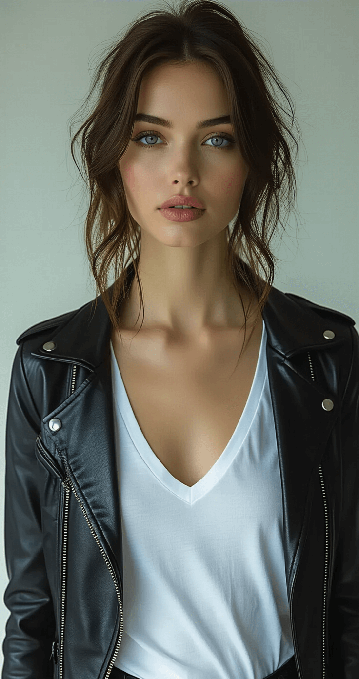Ultimate Chuuya Nakahara Cosplay A woman in a dark leather jacket and white V-neck cotton t-shirt poses against a dark backdrop, showcasing sophisticated gothic elegance with dramatic evening wear styling, highlighted by moody lighting and sharp contrasts.