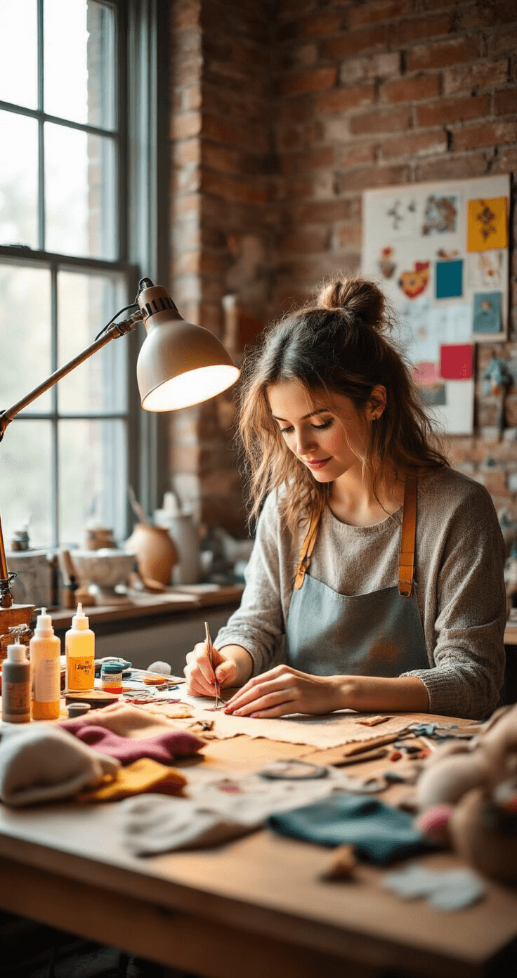 Ultimate Chuuya Nakahara Cosplay Candid image of a creative woman working on costume modifications in a cozy craft room, illuminated by warm desk lamp lighting and natural afternoon light. The scene showcases her hands delicately handling sewing supplies, fabric paint bottles, and felt pieces amidst organized chaos, with a vintage sewing machine and an inspiring mood board on brick walls.