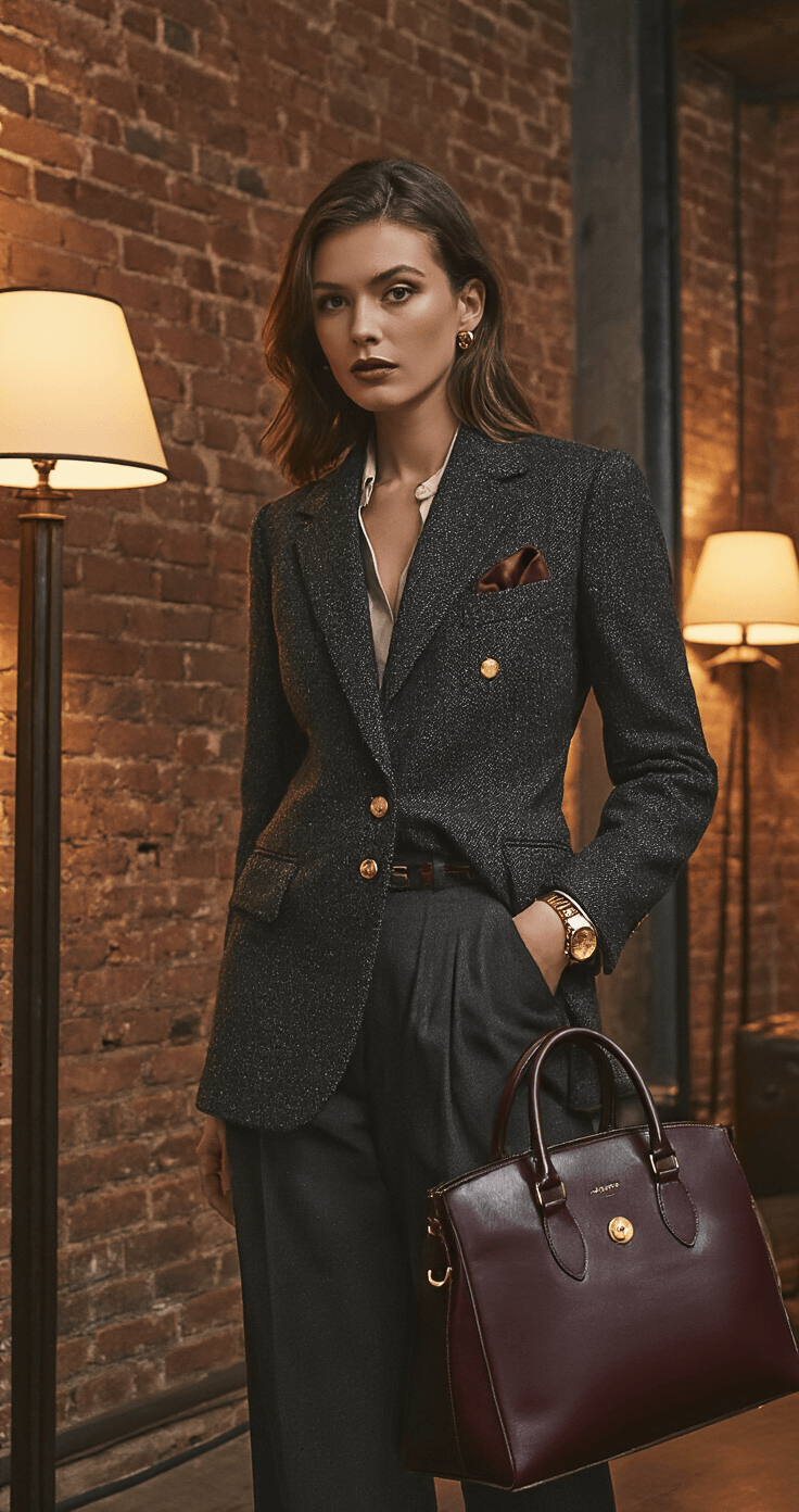 Halloween Costumes with Aesthetic Appeal for 2025 A sophisticated urban loft scene featuring an elegant woman in a tailored charcoal tweed blazer, high-waisted trousers, and vintage leather oxford shoes, set against exposed brick walls. Soft ambient lighting enhances the mysterious atmosphere, highlighting her wool blazer's texture, brass buttons, and silk pocket square. Accessories include a vintage gold watch and a structured leather handbag, with a color palette of charcoal grey, deep burgundy, and antique brass, evoking a film noir meets modern luxury vibe.