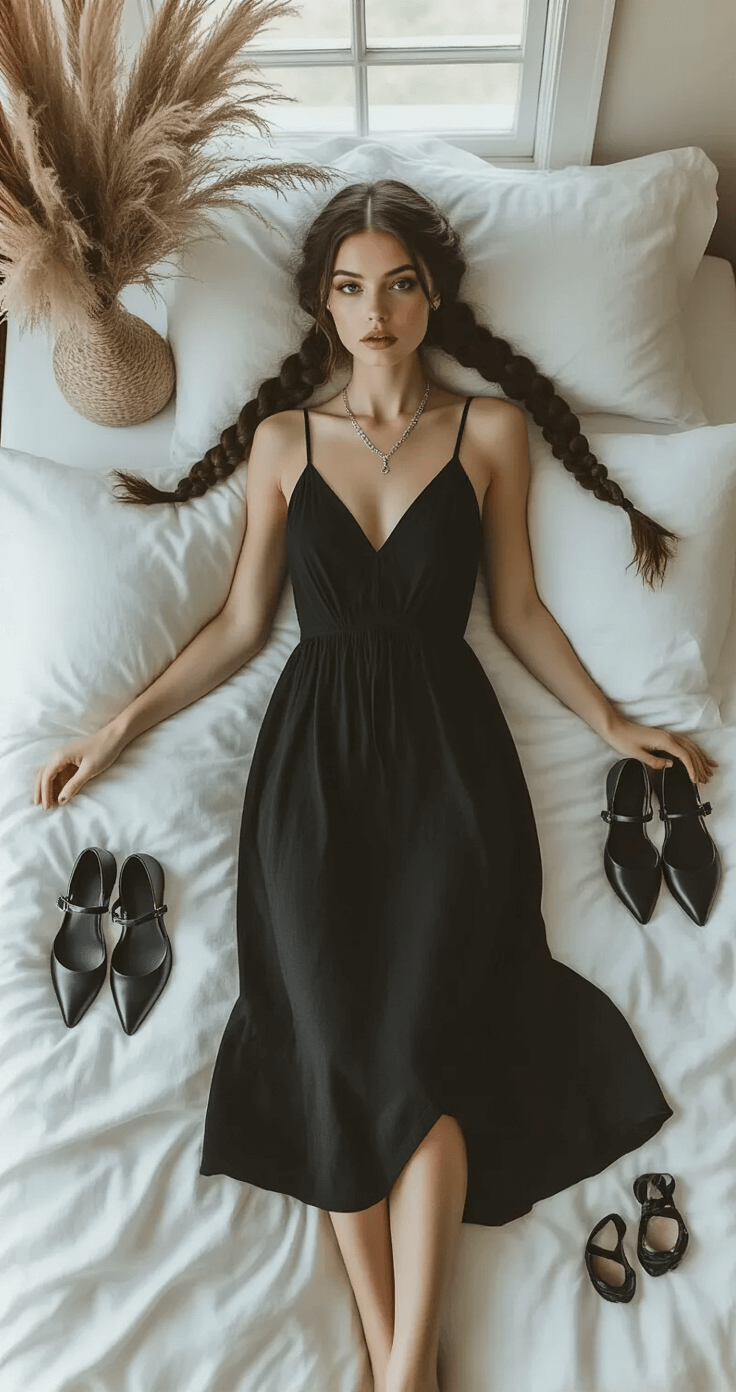 Halloween Costumes with Aesthetic Appeal for 2025 A moody overhead shot of a gothic minimalist bedroom featuring a model's jet-black midi dress on white linen bedding, with braided hair accessories, matte black mary jane shoes, and simple silver jewelry arranged geometrically, all accented by natural window light.