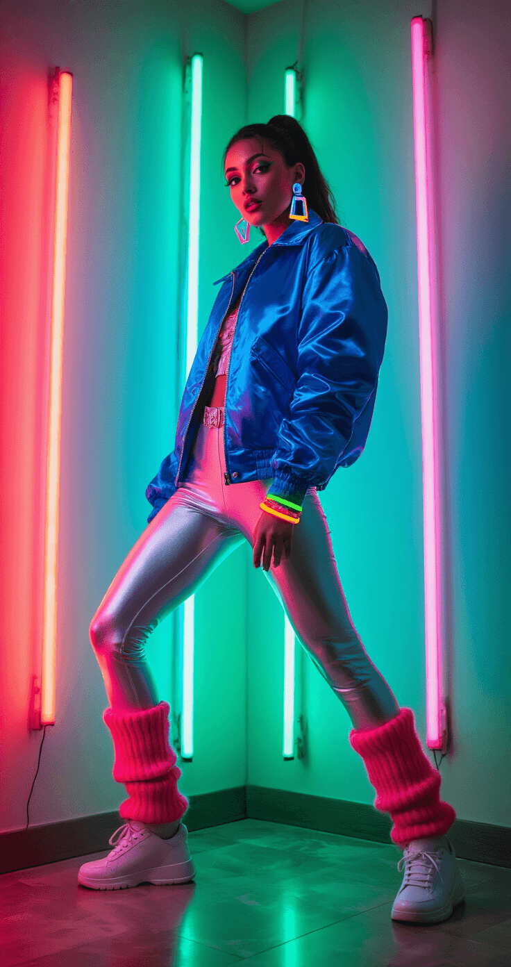 Halloween Costumes with Aesthetic Appeal for 2025 A retro-styled living room illuminated by neon lighting features a model in an electric blue satin jacket with shoulder pads, metallic silver leggings, and hot pink leg warmers over white sneakers. Colorful LED strips enhance the vibrant atmosphere, while bold silhouettes and striking accessories like oversized geometric earrings and neon bangles complement the energetic 80s revival theme.