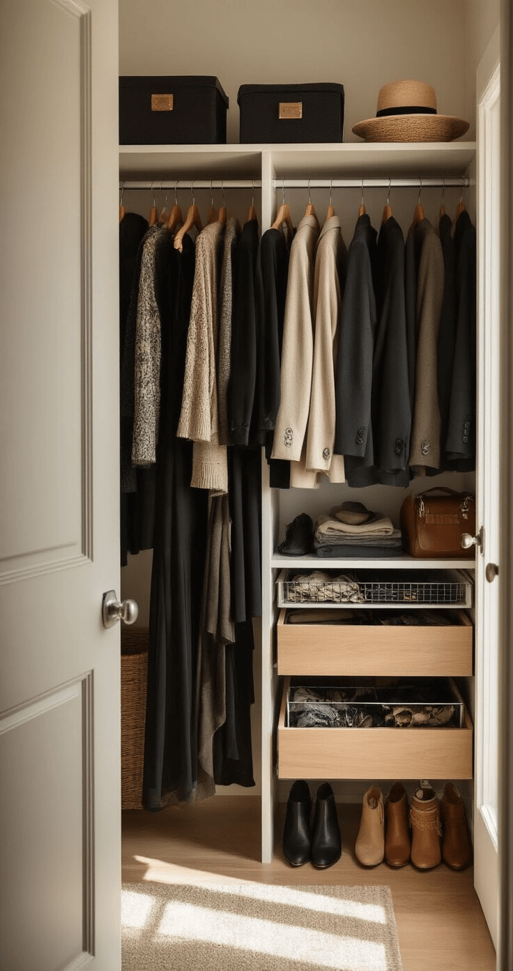 Halloween Costumes with Aesthetic Appeal for 2025 A beautifully organized walk-in closet bathed in soft morning light, featuring black dresses arranged by style, blazers sorted by color, and open accessory drawers showcasing scarves, jewelry, and belts, all reflecting a sustainable fashion aesthetic in a neutral color palette of blacks, warm browns, and metallic accents.