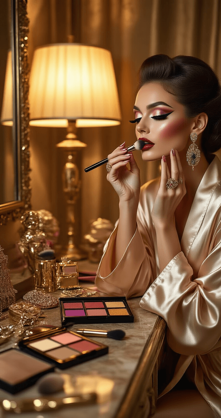 Halloween Costumes with Aesthetic Appeal for 2025 A model in a silk robe applies dramatic makeup at a contemporary bedroom vanity, surrounded by statement jewelry, colorful wigs, and theatrical makeup palettes, illuminated by warm lamp lighting that enhances the intimate and glamorous atmosphere.