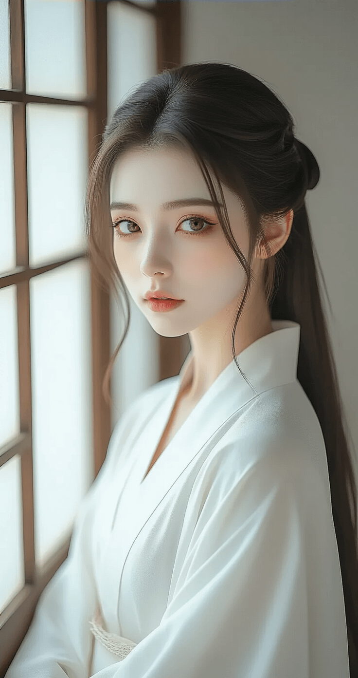 How I Finally Nailed My Xie Lian Cosplay Makeup After Way Too Many Failed Attempts A young cosplay model embodying Xie Lian, dressed in a flowing white robe, poses near large studio windows with soft natural light. She has pale, delicate makeup with soft brown eyeshadow and a muted rose lip tint, and her hair is styled in a loose half-up traditional manner, capturing an ethereal and gentle essence.