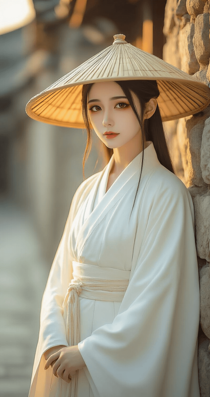 How I Finally Nailed My Xie Lian Cosplay Makeup After Way Too Many Failed Attempts A cosplay model dressed as Xie Lian stands at a softly lit urban street corner during golden hour, wearing white robes and a traditional bamboo hat. The scene features aged stone walls in the background, and the model's minimal makeup enhances a sense of gentle weariness and quiet resilience.