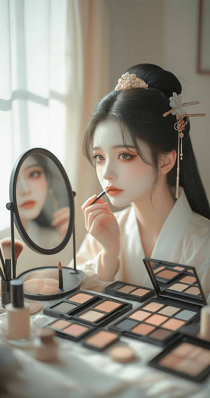 How I Finally Nailed My Xie Lian Cosplay Makeup After Way Too Many Failed Attempts A serene bedroom interior illuminated by diffused morning light, featuring a close-up of a cosplay model applying subtle makeup for Xie Lian. The scene captures an artfully arranged makeup setup around a mirror, with neutral eyeshadow palettes, soft brushes, and muted lip tints displayed.