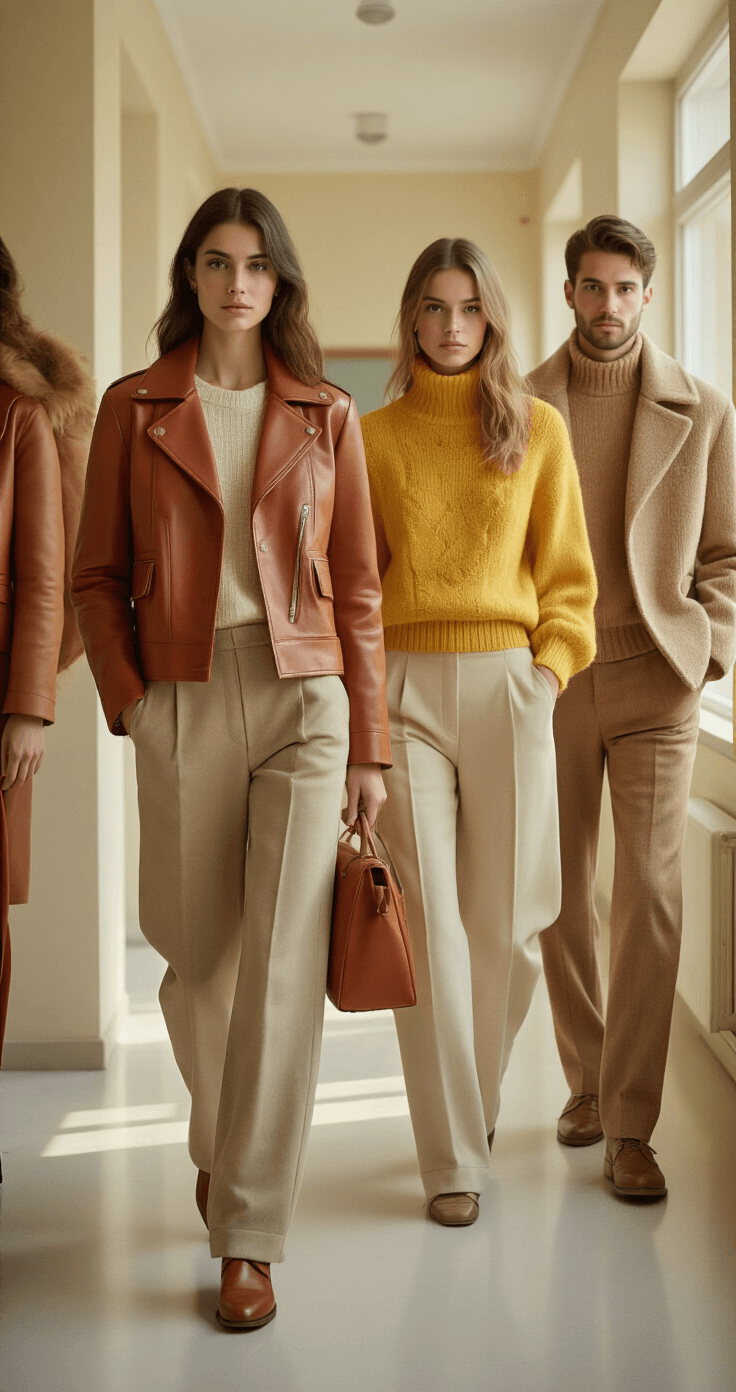 Epic Teacher Halloween Costumes That'll Make Your Students Laugh A group of fashionable educators dressed in food-inspired haute couture outfits stands in a contemporary school hallway bathed in soft morning light. Their attire includes a rust-colored leather jacket symbolizing pizza and a sunny yellow cashmere sweater representing sunshine juice, with layered neutral tones. Natural window lighting highlights the varied textures of their clothing, captured from a wide-angle perspective that emphasizes their coordinated color palette.