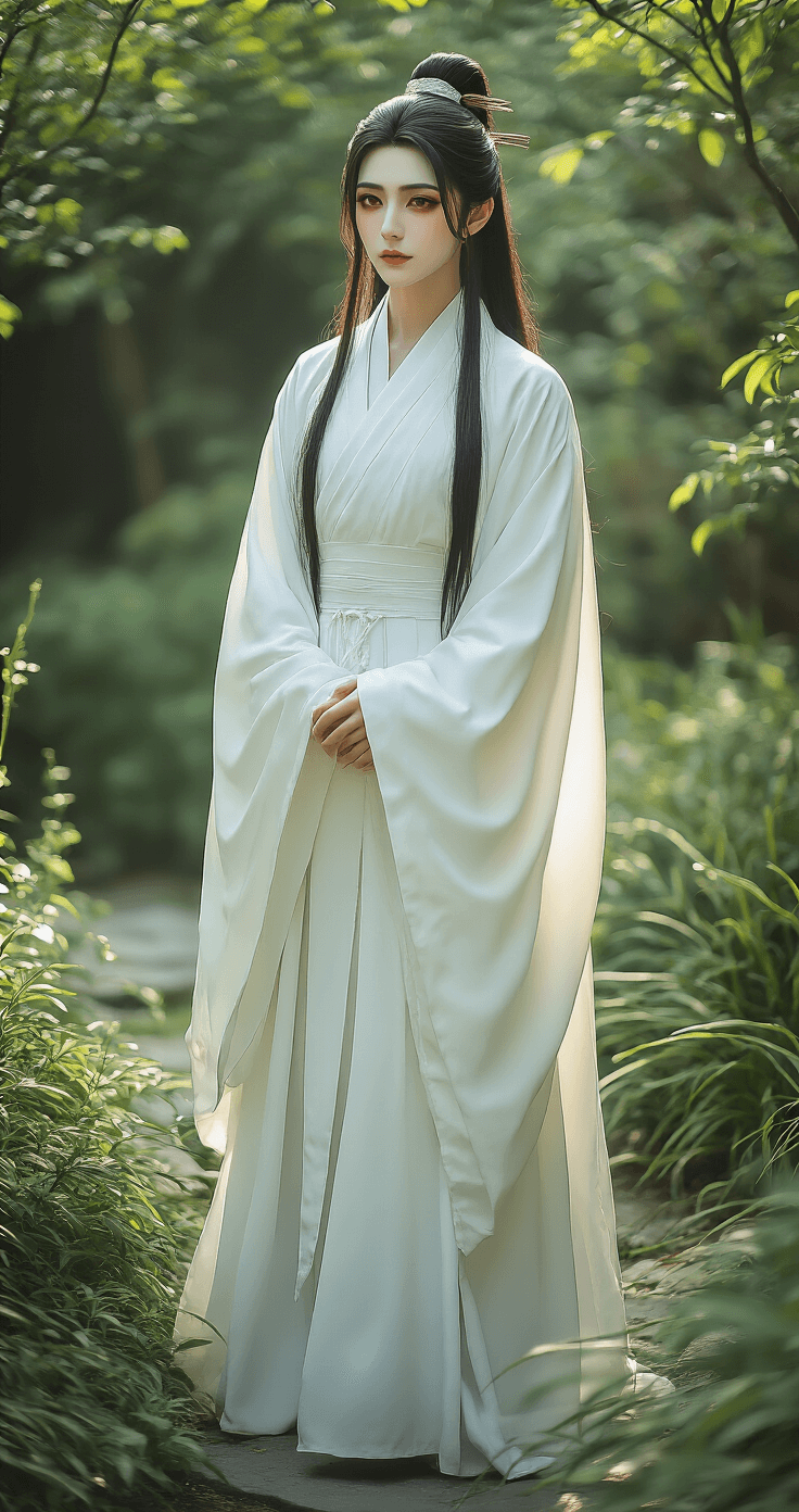 How I Finally Nailed My Xie Lian Cosplay Makeup After Way Too Many Failed Attempts A cosplay model in Xie Lian's white robes stands in a serene outdoor garden, surrounded by gentle greenery. The soft natural light highlights her meticulously applied makeup, featuring pale ivory foundation and soft brown eyeshadow that convey an ethereal yet tired expression, reflecting the character's long journey of resilience and gentleness.