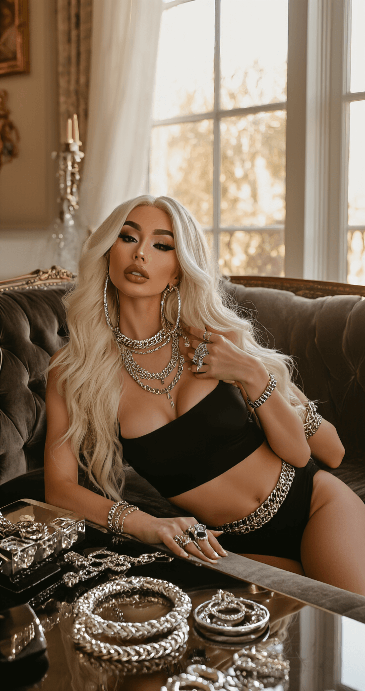 Ultimate Megan Thee Stallion Cosplay A model lounges on a velvet sofa in a cozy yet glamorous living room, adjusting statement rings and body chains while wearing a fitted black crop top and high-waisted bottoms. Her makeup features sculpted eyebrows and bold colors, complemented by a perfectly styled long blonde wig. Accessories, including massive hoops and chunky metallic necklaces, are spread across the coffee table, reflecting the soft ambient light from the late afternoon window. The DSLR captures an intimate portrait angle, highlighting a confident self-love moment.