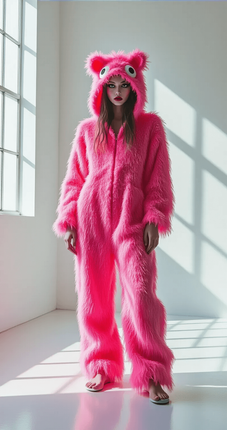Funny Halloween Costumes for Women That'll Actually Make People Laugh A vibrant model in a neon pink Labubu-inspired fuzzy onesie poses dramatically in a minimalist white studio, featuring exaggerated monster-like makeup and playful shadows. Soft morning light accentuates the whimsical texture of the outfit, highlighting hyper-detailed skin and the costume's subtle sheen.
