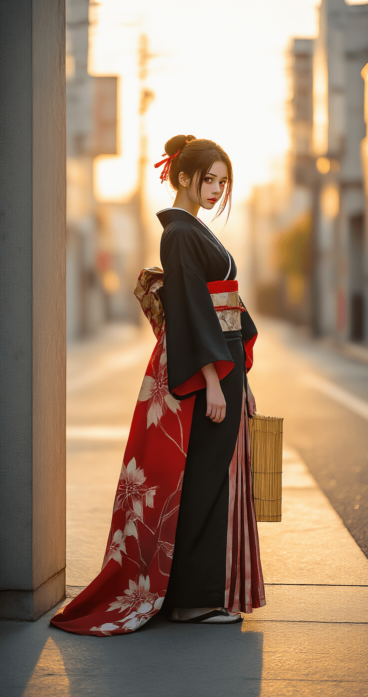 Black Hair Anime Characters That'll Make Your Next Cosplay Absolutely Killer A stylish young woman in a black and red Nezuko-inspired kimono stands at a minimalist concrete street corner during golden hour, with soft natural lighting enhancing the flowing fabric and bamboo accessory, embodying a dramatic cosplay aesthetic.