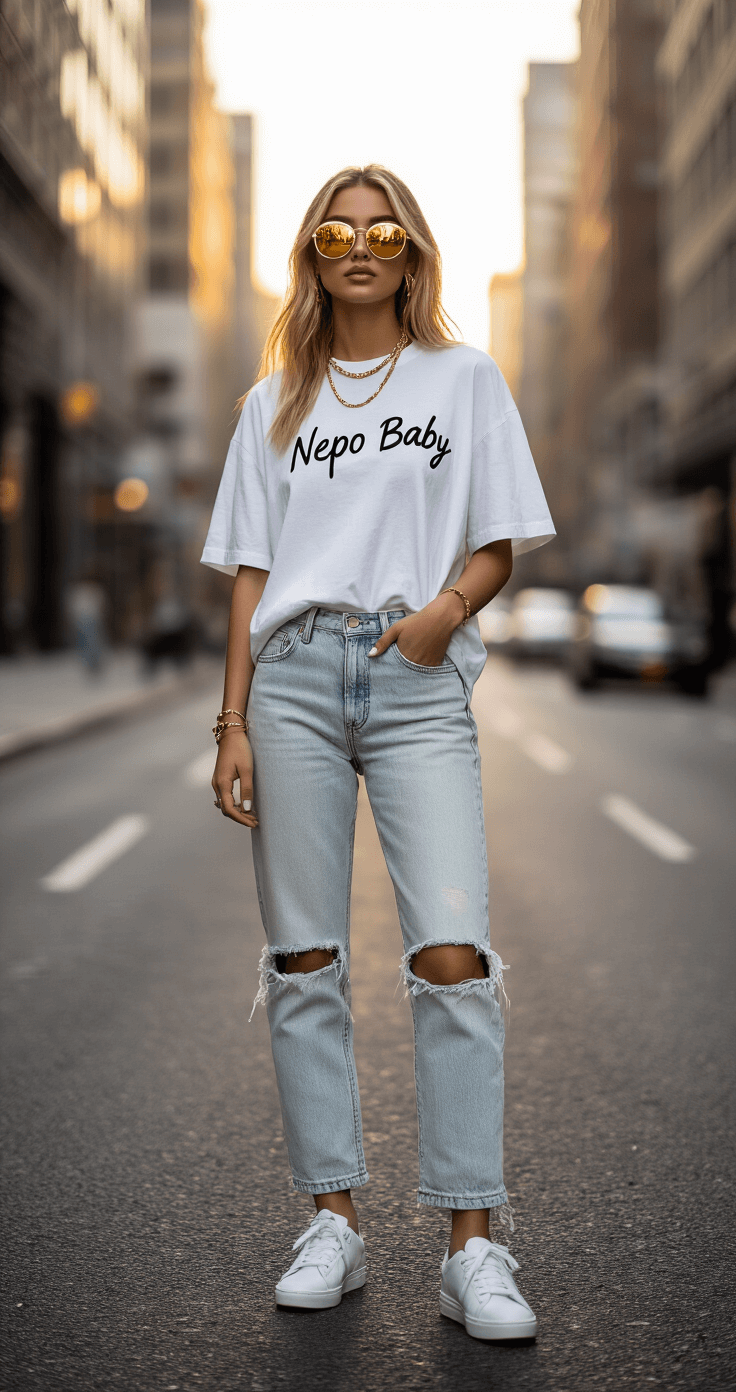 Funny Halloween Costumes for Women That'll Actually Make People Laugh A young woman dressed in distressed light-wash jeans and an oversized white t-shirt with handwritten text poses in an urban setting during golden hour. She has glazed donut-inspired makeup, oversized designer sunglasses, layered gold necklaces, and white sneakers, radiating cool-girl energy against a blurred city backdrop.