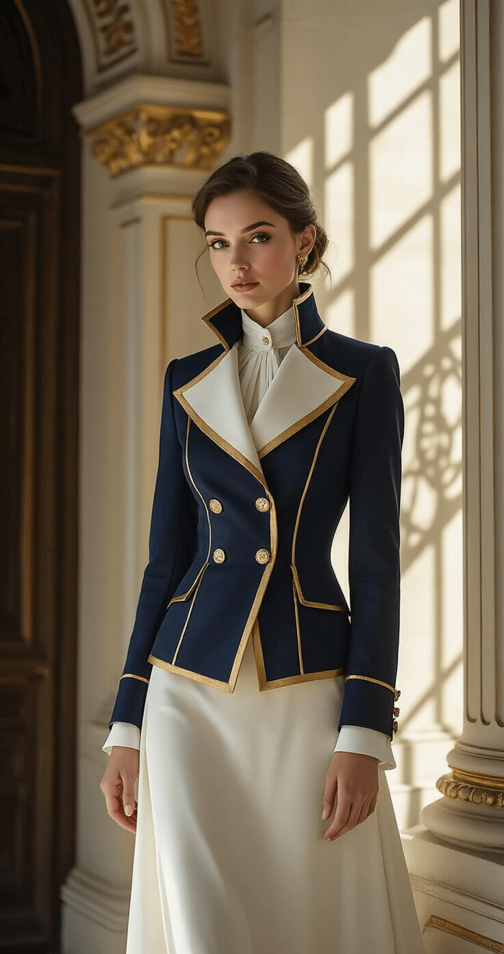 Arcane Cosplay: The Ultimate Guide to Bringing Your Favorite Characters to Life A sophisticated woman in a navy and gold structured jacket with a high collar stands near Victorian-era architecture, bathed in soft natural light that casts dramatic shadows, embodying the refined upper-city aesthetic with precise tailoring and understated luxury.
