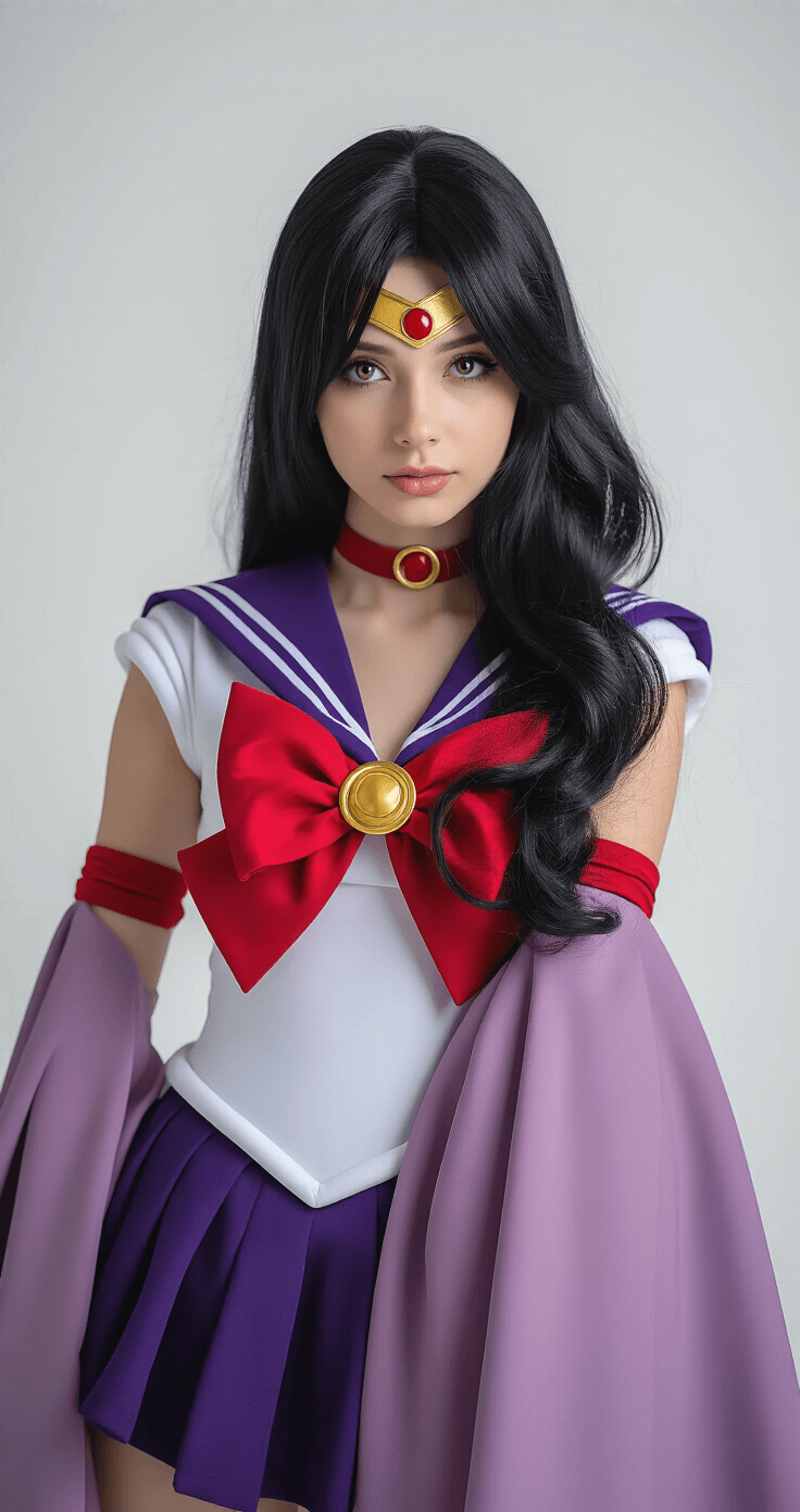 Black Hair Anime Characters That'll Make Your Next Cosplay Absolutely Killer A female model in a red and purple Sailor Mars cosplay poses against a white backdrop, showcasing her long black hair with purple undertones and detailed costume, illuminated by dramatic side lighting in a professional studio setting.