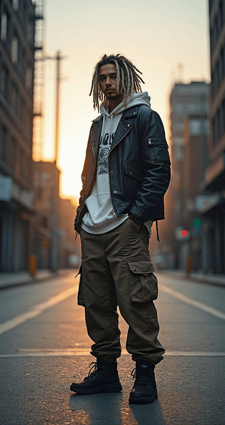 Arcane Cosplay: The Ultimate Guide to Bringing Your Favorite Characters to Life Young man with white dreadlocks styled like Ekko wearing layered cargo pants, oversized graphic hoodie, and distressed leather jacket stands at an urban intersection with industrial metal structures. The golden hour backlighting creates a dramatic silhouette, highlighting Zaun's inventive street style with technical fabric details and urban-technical accessories.