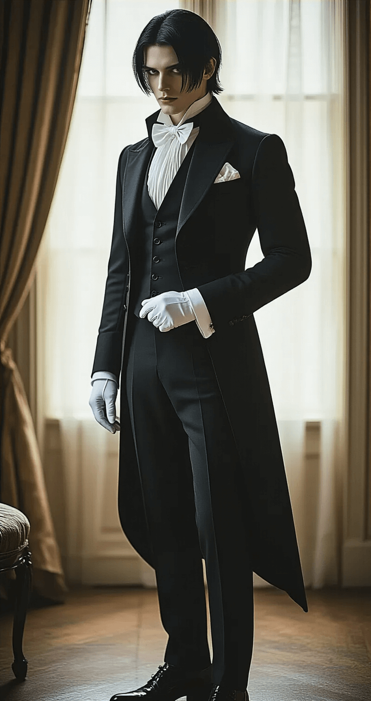 Black Hair Anime Characters That'll Make Your Next Cosplay Absolutely Killer A model dressed as Sebastian from Black Butler in a tailored black tailcoat and white gloves poses in a vintage-inspired room, illuminated by soft window light, highlighting the character's professional and mysterious aesthetic.