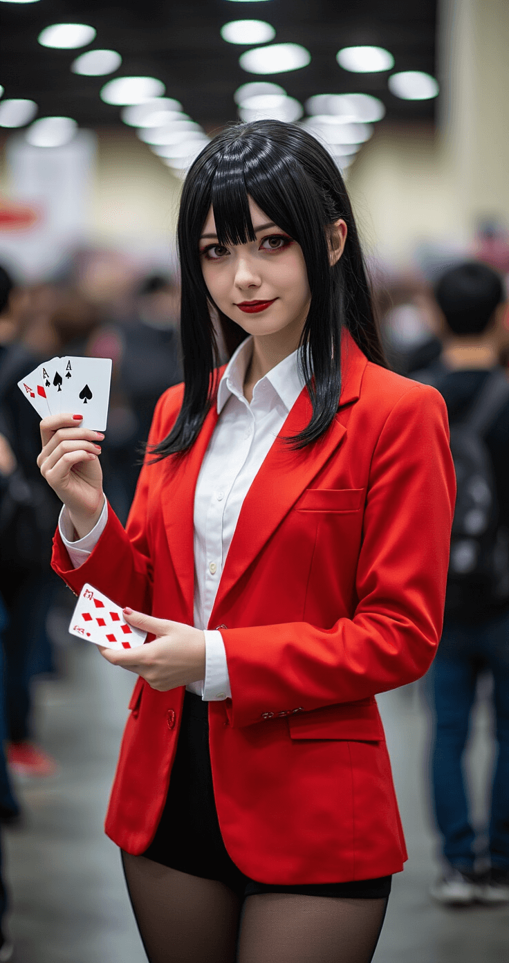 Black Hair Anime Characters That'll Make Your Next Cosplay Absolutely Killer A young woman dressed as Yumeko from Kakegurui, wearing a red blazer and black tights, stands in a bustling convention hall, playfully holding playing cards with a mischievous grin. Dynamic lighting highlights her energetic presence amidst the vibrant cosplay scene.