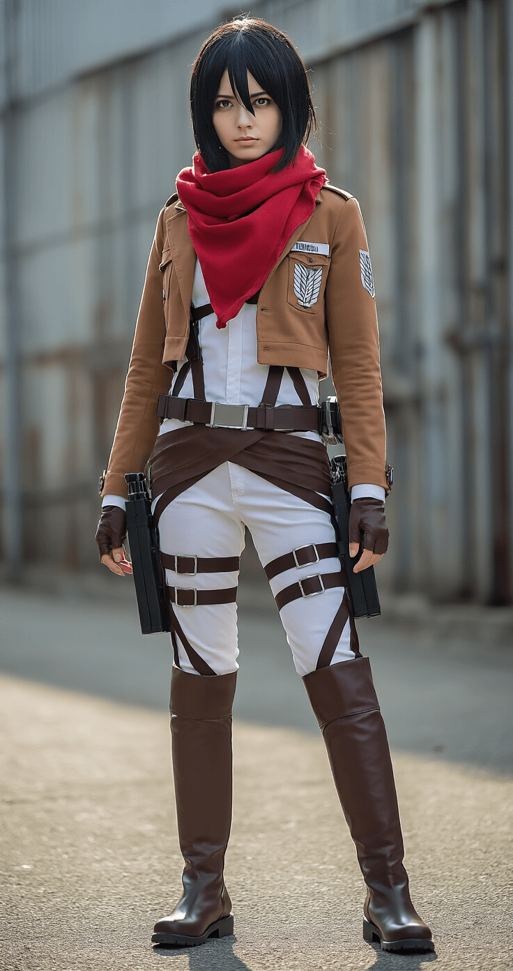 Black Hair Anime Characters That'll Make Your Next Cosplay Absolutely Killer A model styled as Mikasa Ackerman from Attack on Titan, wearing the Survey Corps uniform and red scarf, posed confidently in an industrial urban setting with soft afternoon light, showcasing detailed ODM gear and precise cosplay details.