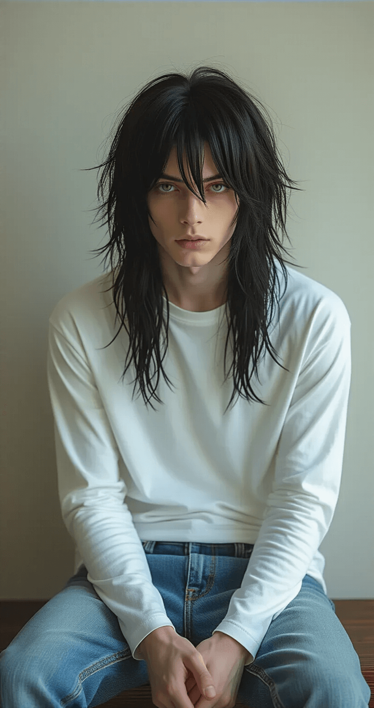 Black Hair Anime Characters That'll Make Your Next Cosplay Absolutely Killer A model styled as L from Death Note sits in a minimalist studio, wearing a white long-sleeve shirt and jeans, showcasing his unconventional pose and unique mannerisms against a starkly lit, clean background.