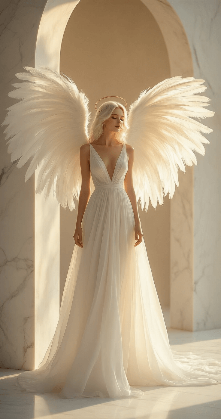 Angel Cosplay: Your Ultimate Guide to Looking Heavenly (or Hauntingly Beautiful) A model in a flowing white chiffon gown with massive feathered wings stands gracefully near a minimalist marble archway, illuminated by soft golden hour light. Her platinum waves are adorned with a floating gold wire halo, and her cheekbones are highlighted with champagne, embodying celestial elegance.