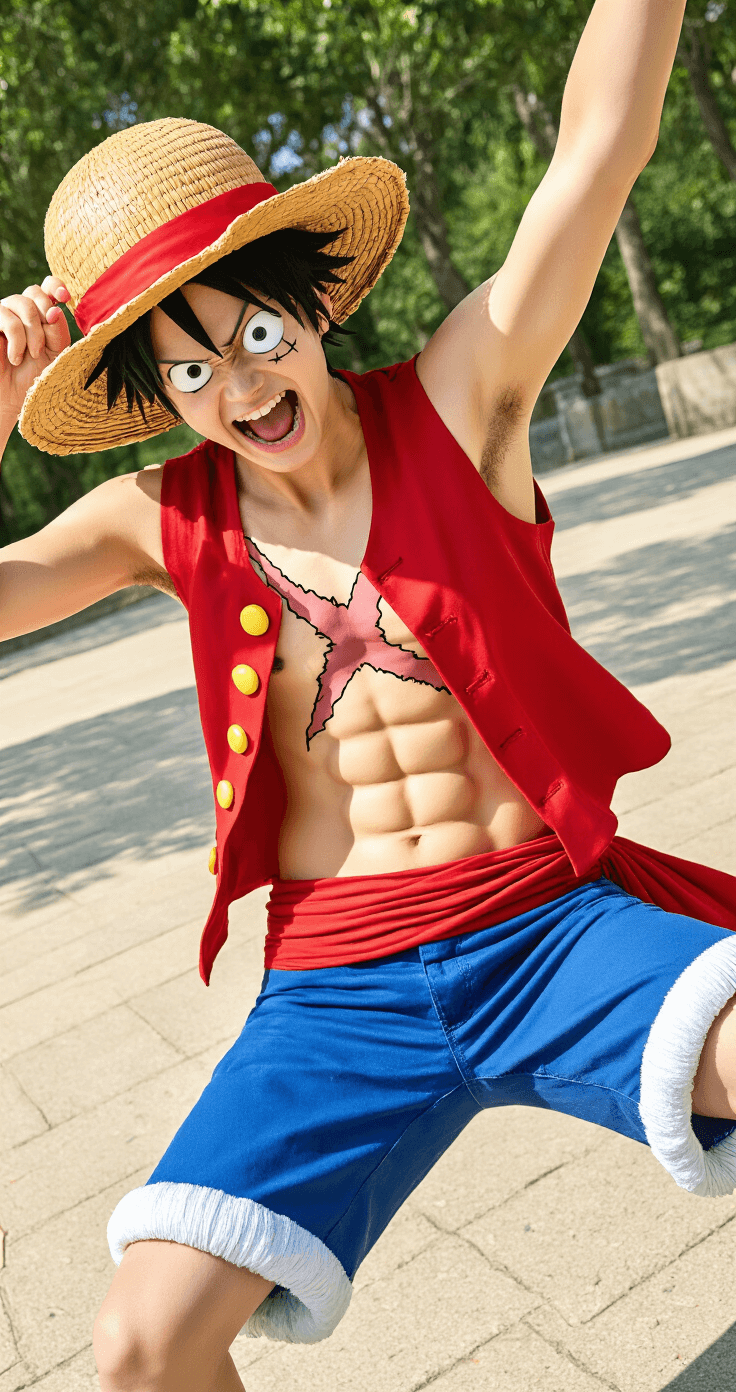 Black Hair Anime Characters That'll Make Your Next Cosplay Absolutely Killer A model dressed as Monkey D. Luffy in a red vest and blue shorts strikes a dynamic pose outdoors, showcasing the iconic straw hat against a bright, sunlit background, blending cosplay with lifestyle fashion.