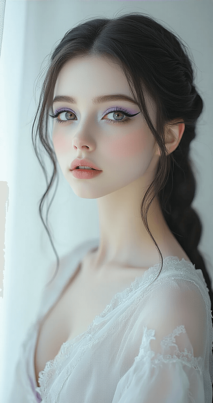 How to Master Ganyu Cosplay Makeup Like a Total Pro Close-up portrait of a young woman with Ganyu-inspired ethereal makeup, featuring cool-toned lavender eyeshadow, sharp winged eyeliner, and soft mauve lips, captured in soft natural lighting against a minimalist white backdrop.