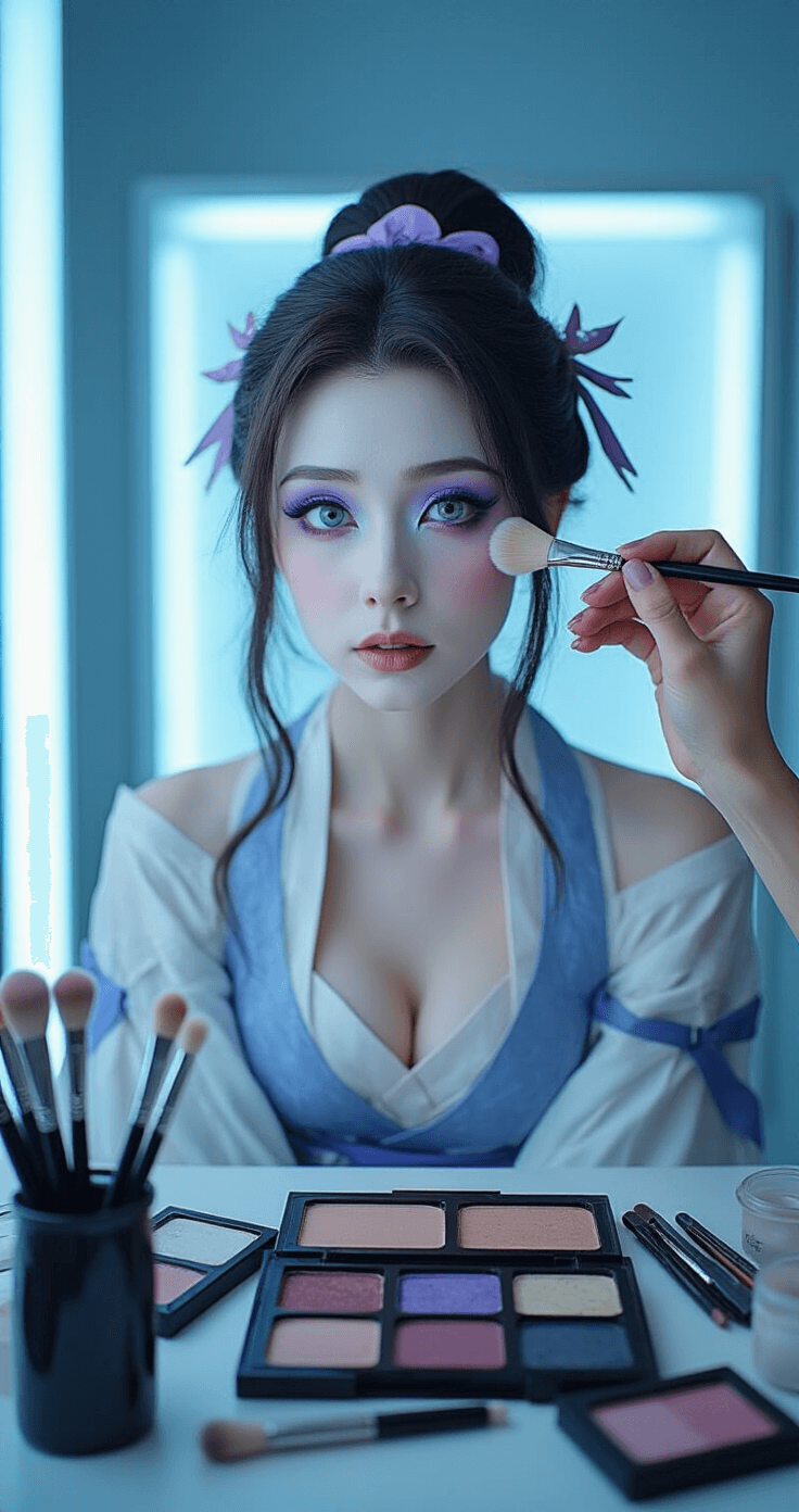 How to Master Ganyu Cosplay Makeup Like a Total Pro A makeup artist carefully applies Ganyu-inspired makeup to a model in a soft blue-lit professional studio, surrounded by various makeup brushes and palettes, showcasing the detailed process of achieving a pale foundation, cool-toned purple eyeshadow, and precise eyeliner in a behind-the-scenes beauty setting.