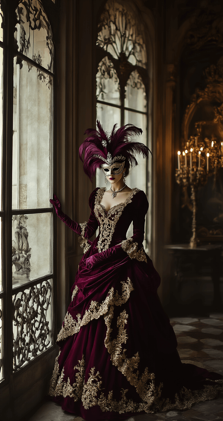 Carnival Costumes That'll Make You the Life of the Party A woman in a deep burgundy layered gown with gold leaf embroidery stands in a dimly lit Venetian ballroom, wearing a delicate half-mask with feathers and jewels. Ornate baroque windows frame the scene, while soft candlelight and moonlight highlight the velvet and silk textures of her costume, creating a moody, mysterious atmosphere.