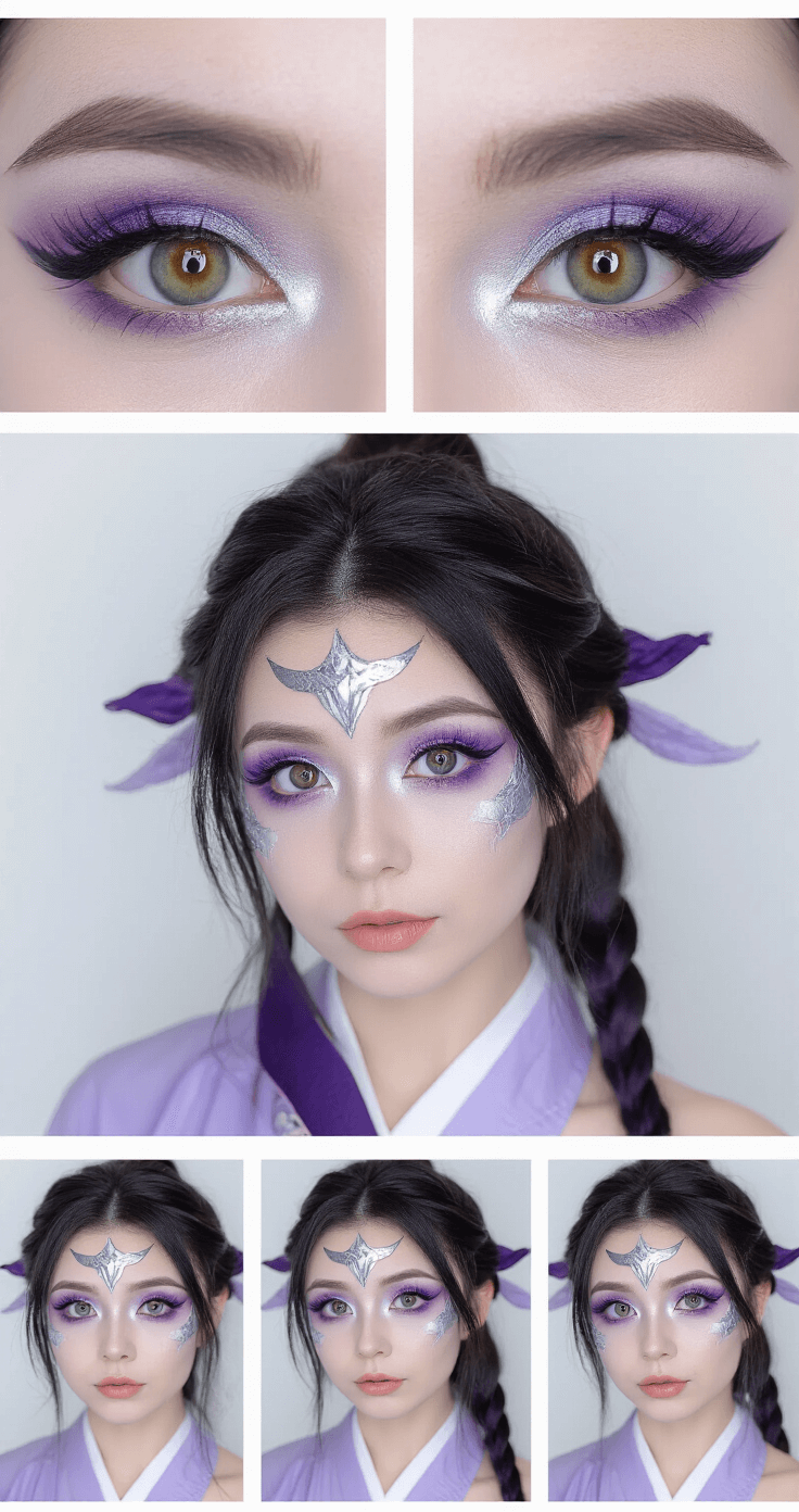How to Master Ganyu Cosplay Makeup Like a Total Pro A split-screen image showcasing a model's natural face on one side and a detailed Ganyu cosplay makeup look on the other, highlighting the stages of makeup application under soft studio lighting with a cool-toned color palette of lavender, silver, and soft purple.