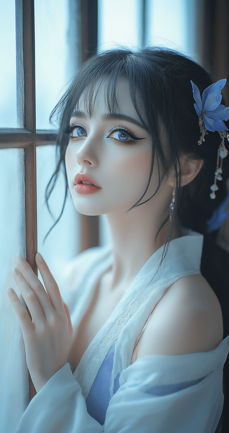 How to Master Ganyu Cosplay Makeup Like a Total Pro A woman dressed in ethereal Ganyu-inspired cosplay stands by a large window, bathed in soft natural light. Her pale makeup features sharp purple-toned eyeshadow and wispy false lashes, complemented by a cool-toned nude lip color. The scene is enhanced by soft blue lighting, creating a magical and otherworldly atmosphere in a professional fashion photography style.