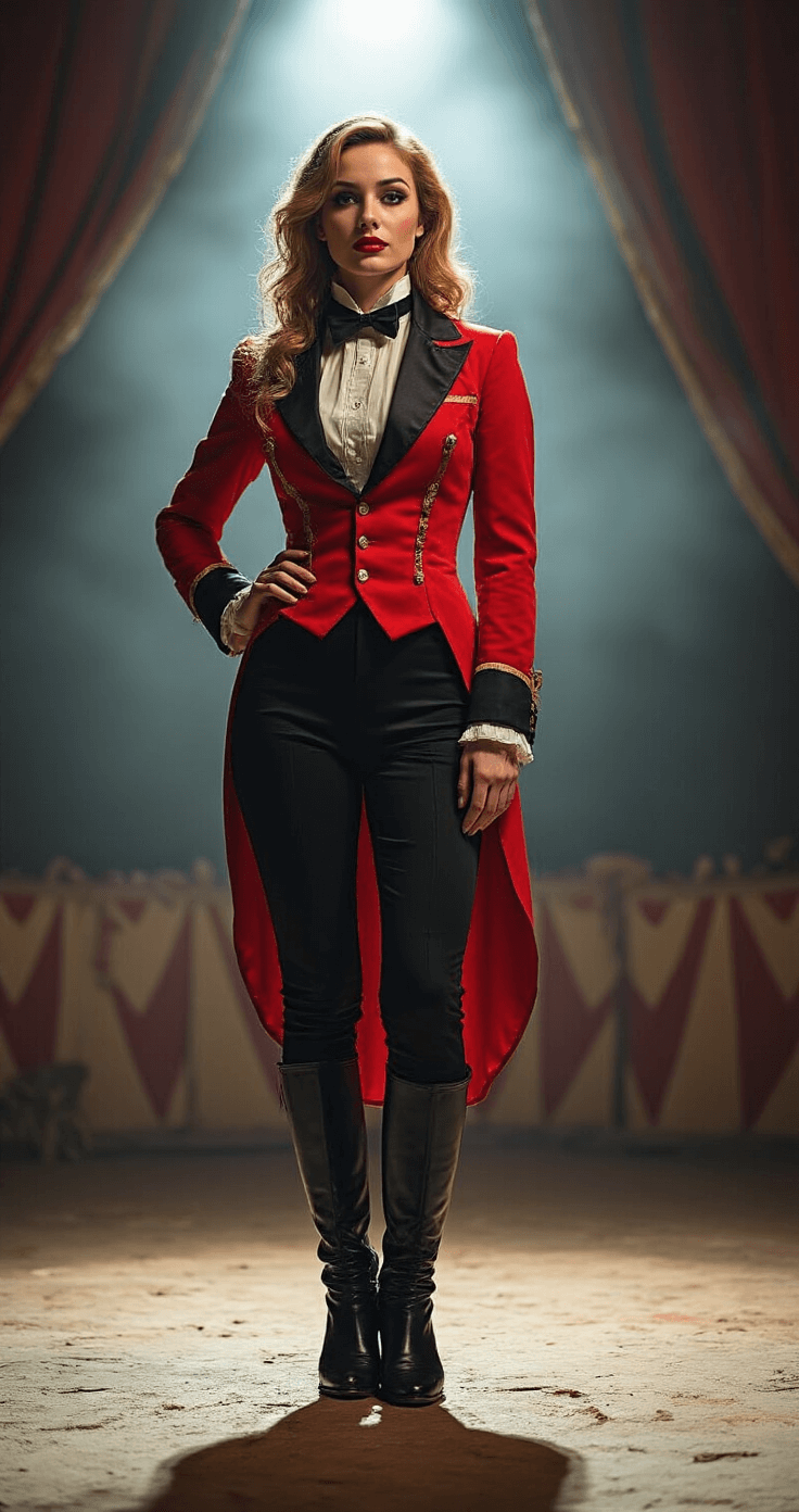 Carnival Costumes That'll Make You the Life of the Party A woman dressed as a ringmaster in a red tuxedo jacket and black pants stands in a vintage circus tent, illuminated by dramatic side lighting that highlights her costume’s sharp lines and theatrical elegance.