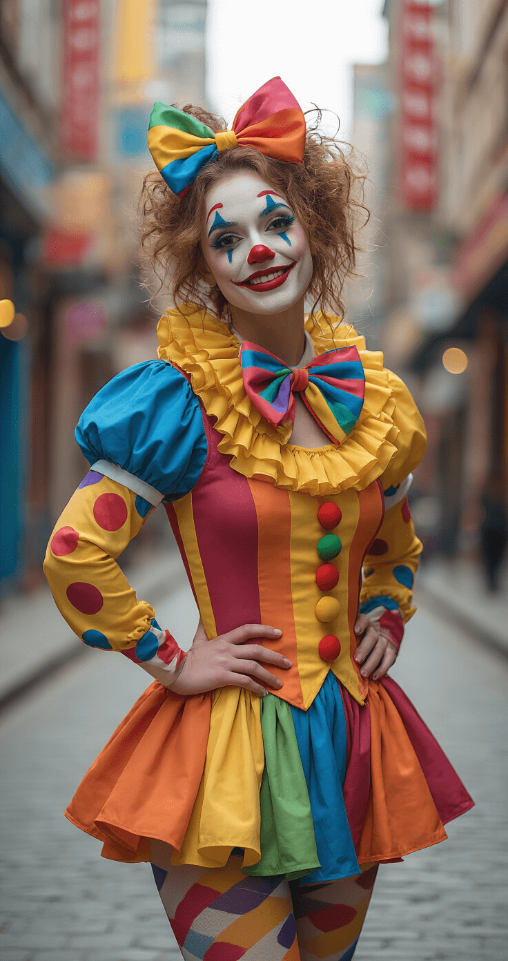 Carnival Costumes That'll Make You the Life of the Party A joyful woman in a colorful clown costume with an oversized bow tie and rainbow makeup strikes a playful pose on a vibrant urban street, illuminated by soft lighting that enhances the cheerful details of her outfit.