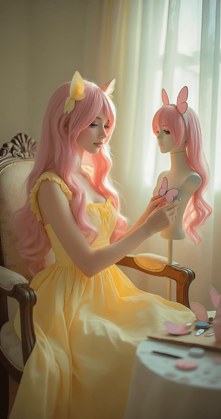 How to Create the Perfect Fluttershy Cosplay Without Breaking the Bank A photorealistic image of a cosplay enthusiast in a softly lit pastel-toned living room, arranging Fluttershy cosplay elements, including a yellow sundress on a vintage chair, a pink wig on a mannequin, and hand-painted butterfly cutie marks, with warm natural light filtering through sheer curtains.