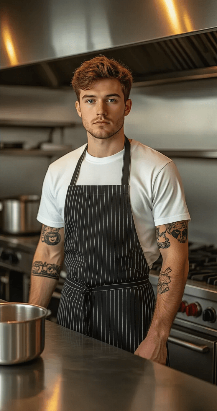 Male Halloween Costumes That'll Make You Stand Out This Year A 25-year-old male model poses in a hyper-realistic Halloween costume as Carmy from The Bear, wearing a crisp white t-shirt and professional kitchen apron with temporary tattoo sleeves, set in an industrial-style kitchen illuminated by warm afternoon light, showcasing stainless steel surfaces and a cinematic detail of culinary work.