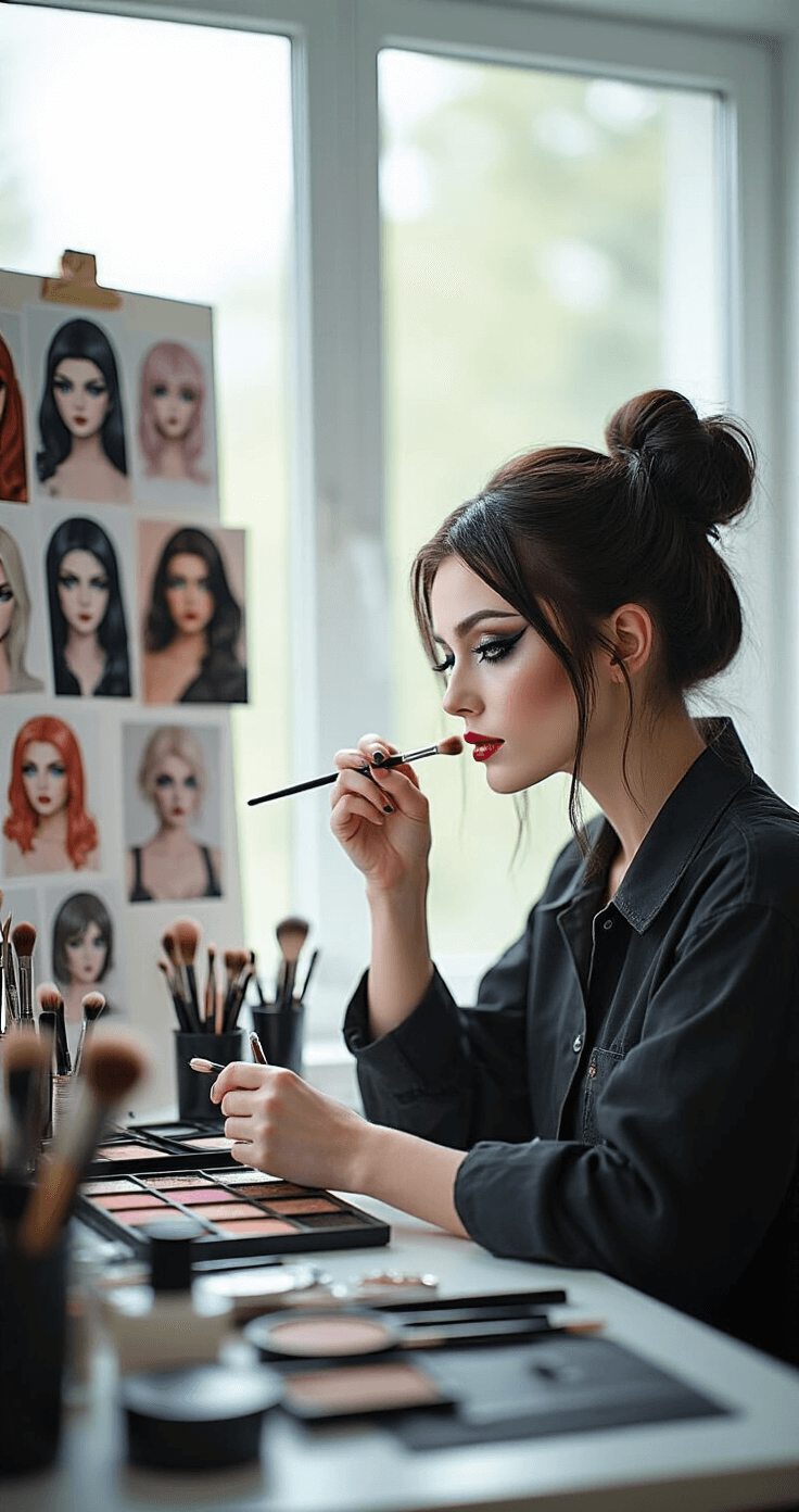 How to Do Cosplay Makeup That Actually Looks Good in Photos A hyper-realistic portrait of a cosplay makeup artist applying dramatic eye makeup in a soft-lit studio, surrounded by professional tools and character references.