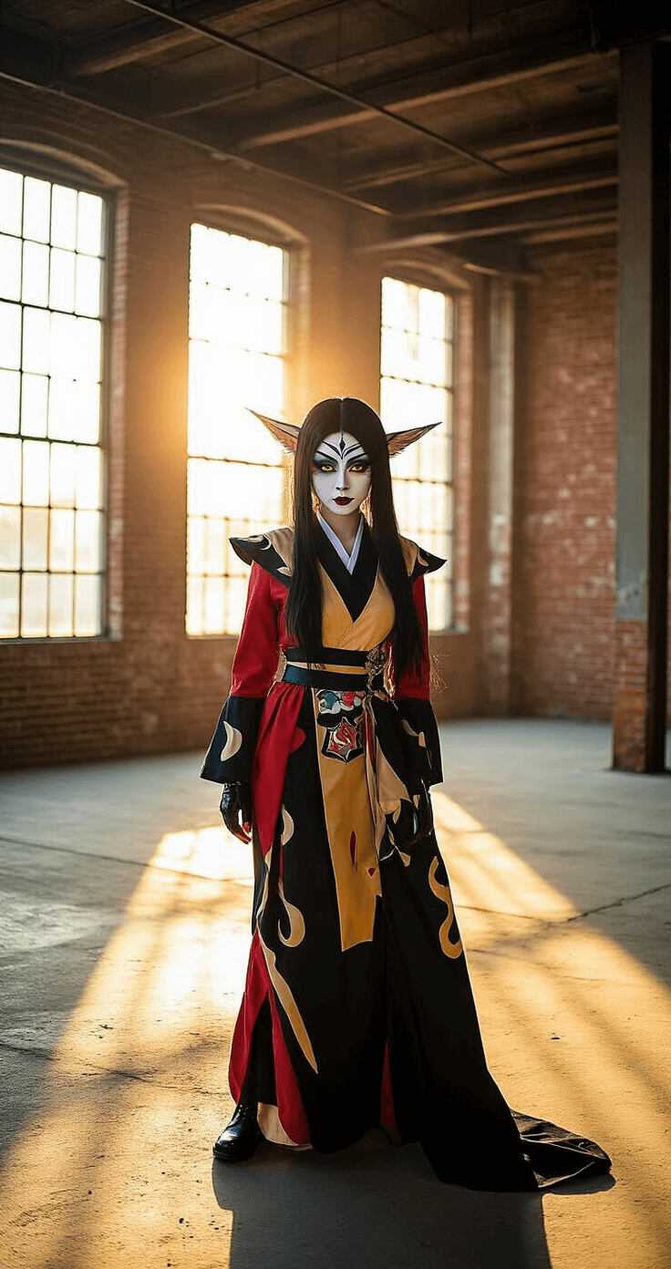How to Do Cosplay Makeup That Actually Looks Good in Photos A cosplay model in full character transformation stands in an urban loft with exposed brick walls, illuminated by golden hour lighting. The model showcases a complex anime-inspired makeup look, featuring extended eyeliner wings, bold eyeshadow, and expertly blended contouring, highlighted in a full-length shot that emphasizes the intricate details of the costume and theatrical makeup techniques.