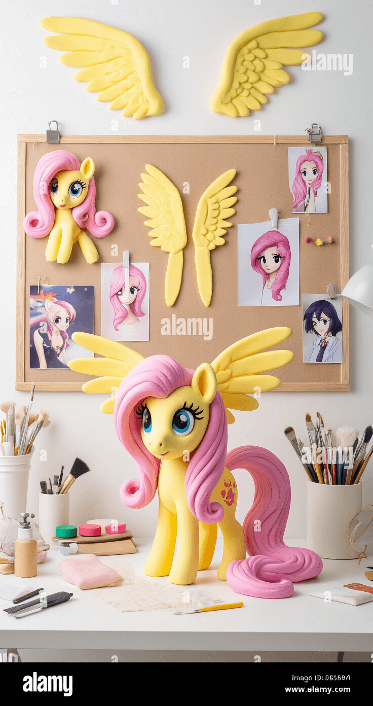 How to Create the Perfect Fluttershy Cosplay Without Breaking the Bank A bright, organized cosplay workspace featuring Fluttershy costume elements, with air-dry clay pony ears, reference images on an inspiration board, neatly arranged crafting tools, a soft pink wig on a styling stand, and various textures including wing prototypes and fabric swatches, all captured in professional product photography style.