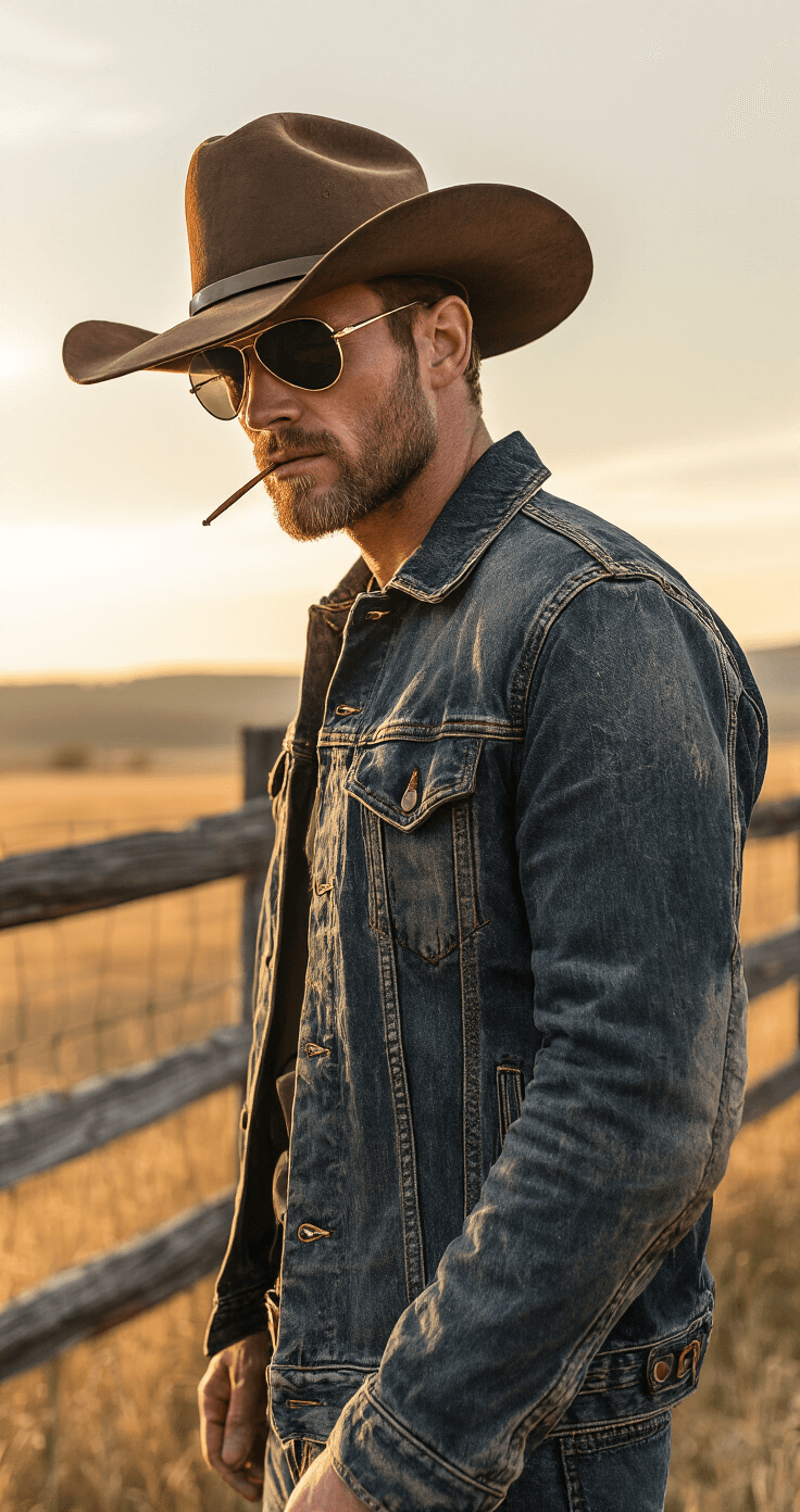 Male Halloween Costumes That'll Make You Stand Out This Year A rugged male model in a distressed trucker jacket and cowboy hat poses in front of a moody Montana ranch landscape at sunset, complete with aviator sunglasses and a toothpick, showcasing the textures of denim and leather.