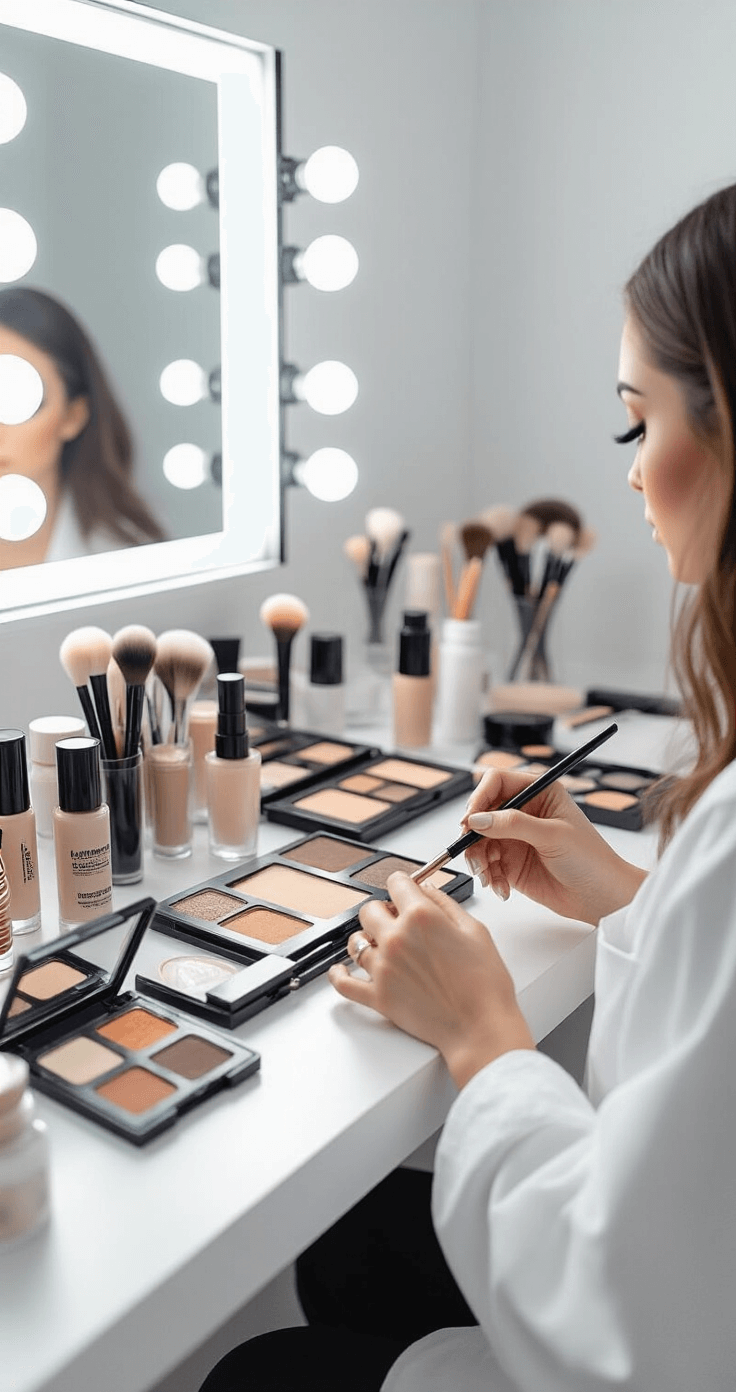 How to Do Cosplay Makeup That Actually Looks Good in Photos Behind-the-scenes of a cosplay makeup preparation scene in a minimalist white dressing room, featuring a large vanity mirror, professional lighting, and an array of makeup products like primer, foundation, and eyeshadow palettes, with hands in a white designer smock expertly blending makeup.